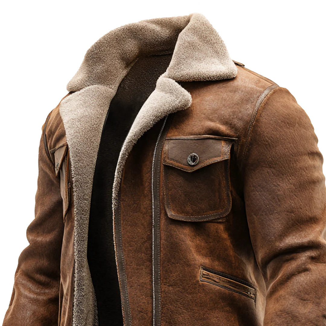 Chaqueta de Cuero Marrón Vintage con Forro de Piel Sintética